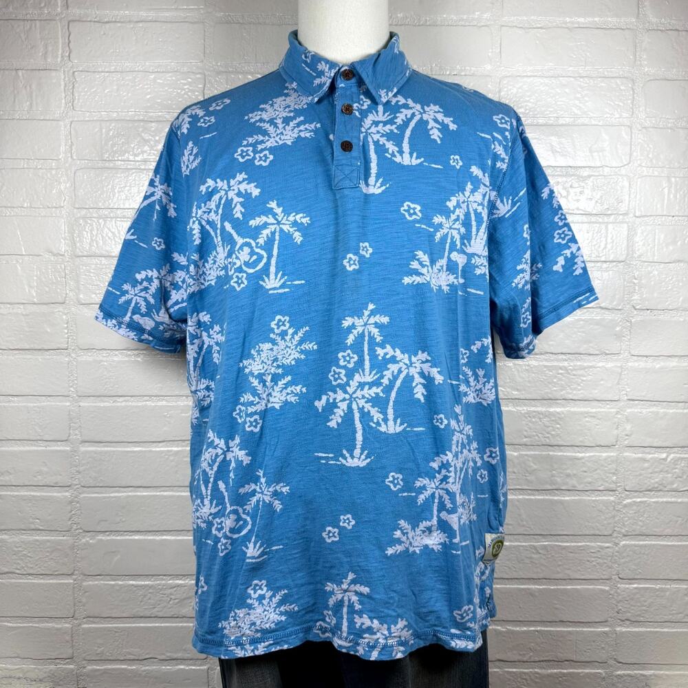 Margaritaville Golf Polo Shirt Mens XL Blue White Palm Tree Short Sleeve Summer